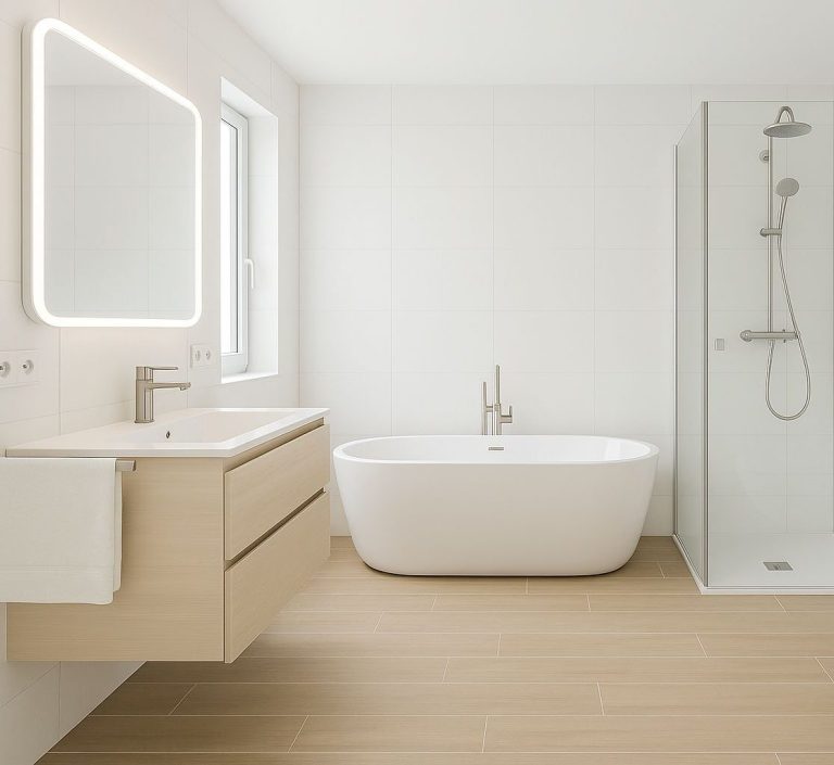 Hochwertig ausgestattetes, modernes Badezimmer mit wandhängendem Waschtisch, beleuchtetem Spiegel Modernes Badezimmer mit LED-beleuchtetem Spiegel & funktionalem Waschtisch, Boden Fliesen in Holzoptik.