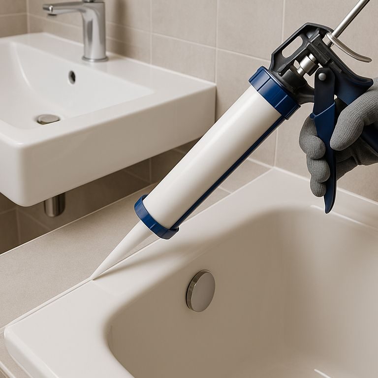 Professionelles Erneuern der Silikonfugen im Badezimmer Silikonspritze über dem Rand einer Badewanne und einem Waschbecken.